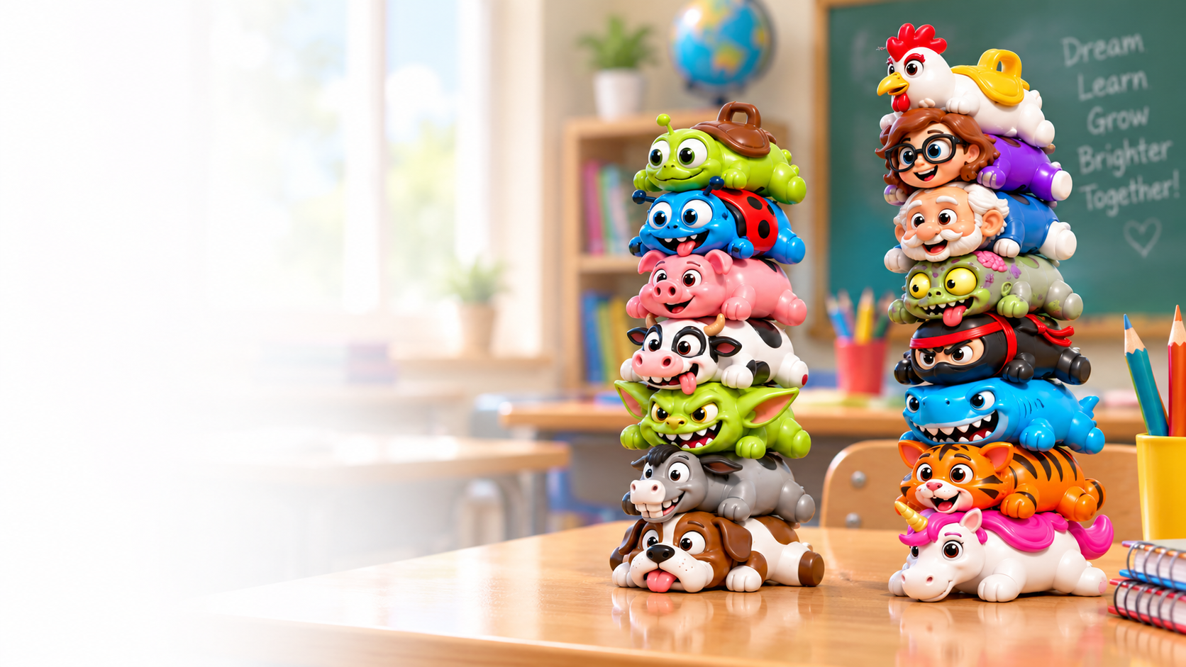BackStax character toys stacked in two tall piles